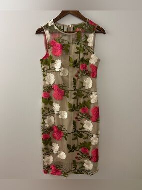 Calvin Klein Floral Embroidered Sheath Dress with Pink & White Flowers Sz 10